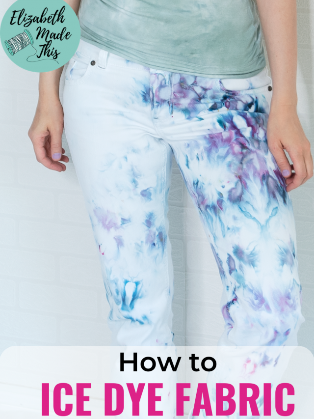 pinterest image "how to ice dye fabric" showing closeup of ice dye jeans